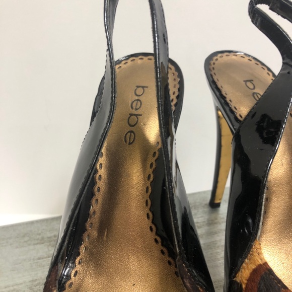 Bebe Leopard Platform Sling Back Stilettos Patented Leather Sz 5 - Picture 6 of 10
